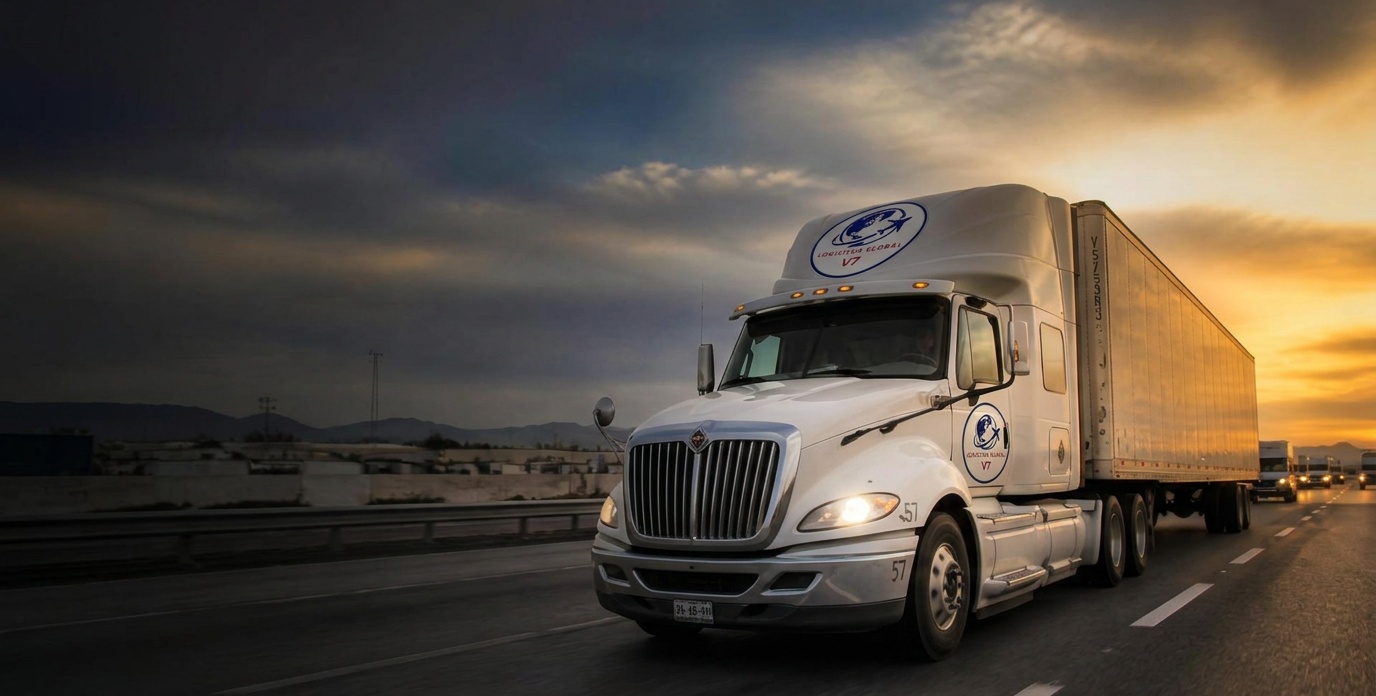 Tráiler de carga de Logística Global V7 en carretera al atardecer