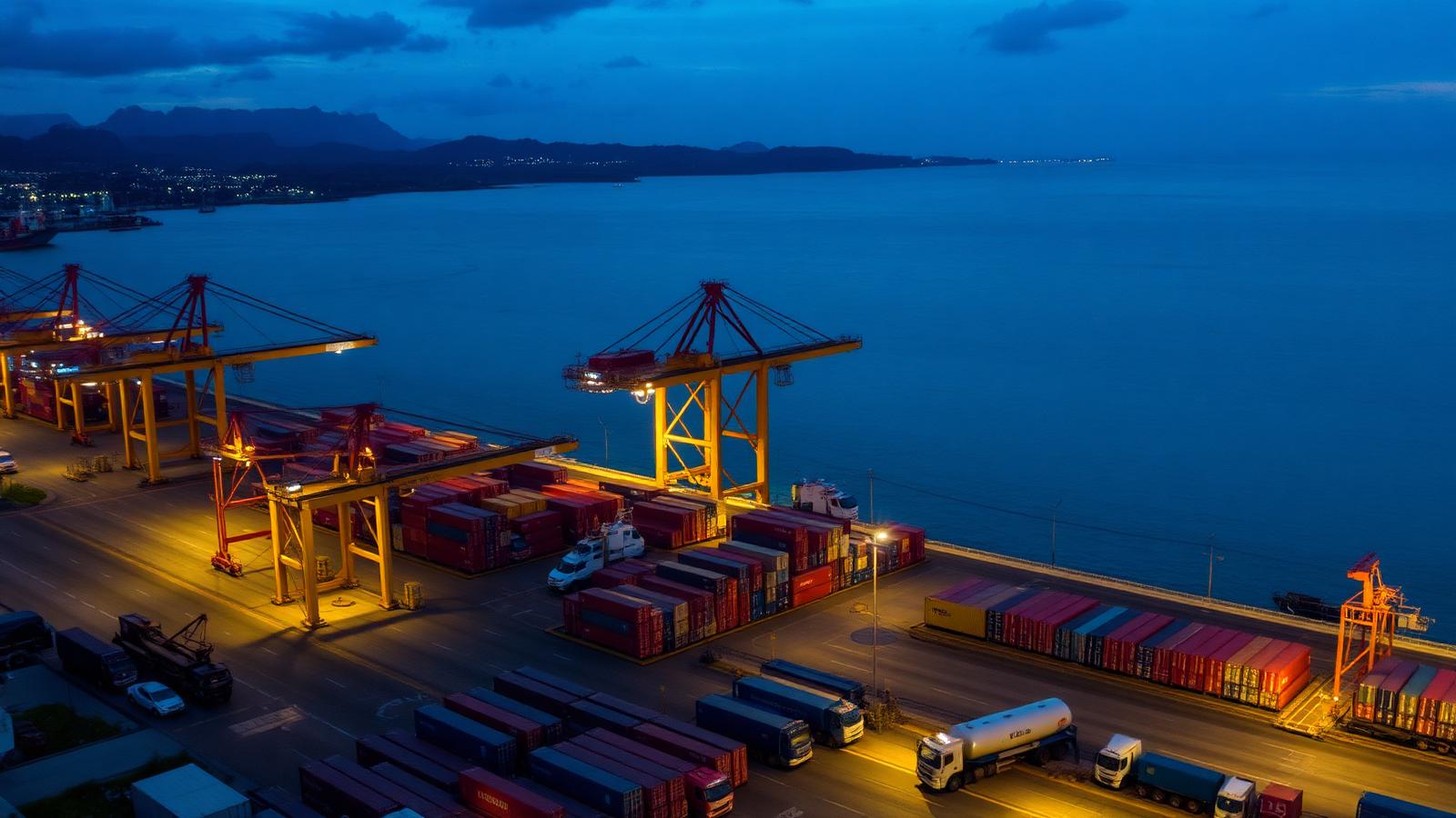 Puerto de Manzanillo con contenedores y camiones de carga